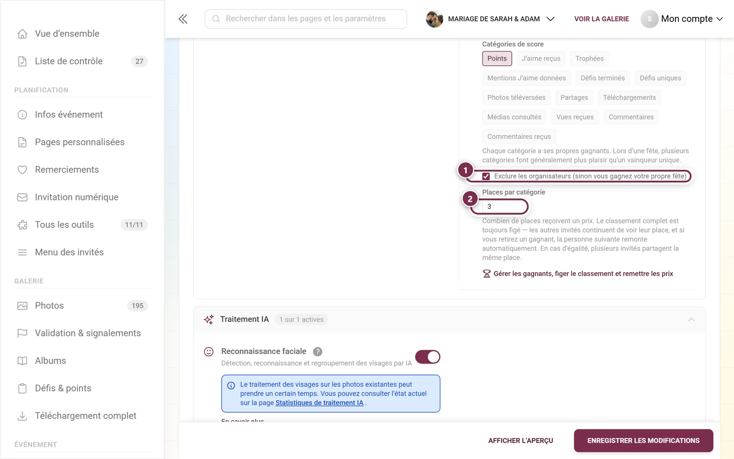 La case Exclure les organisateurs et en dessous le champ numérique Places par catégorie avec la valeur 3