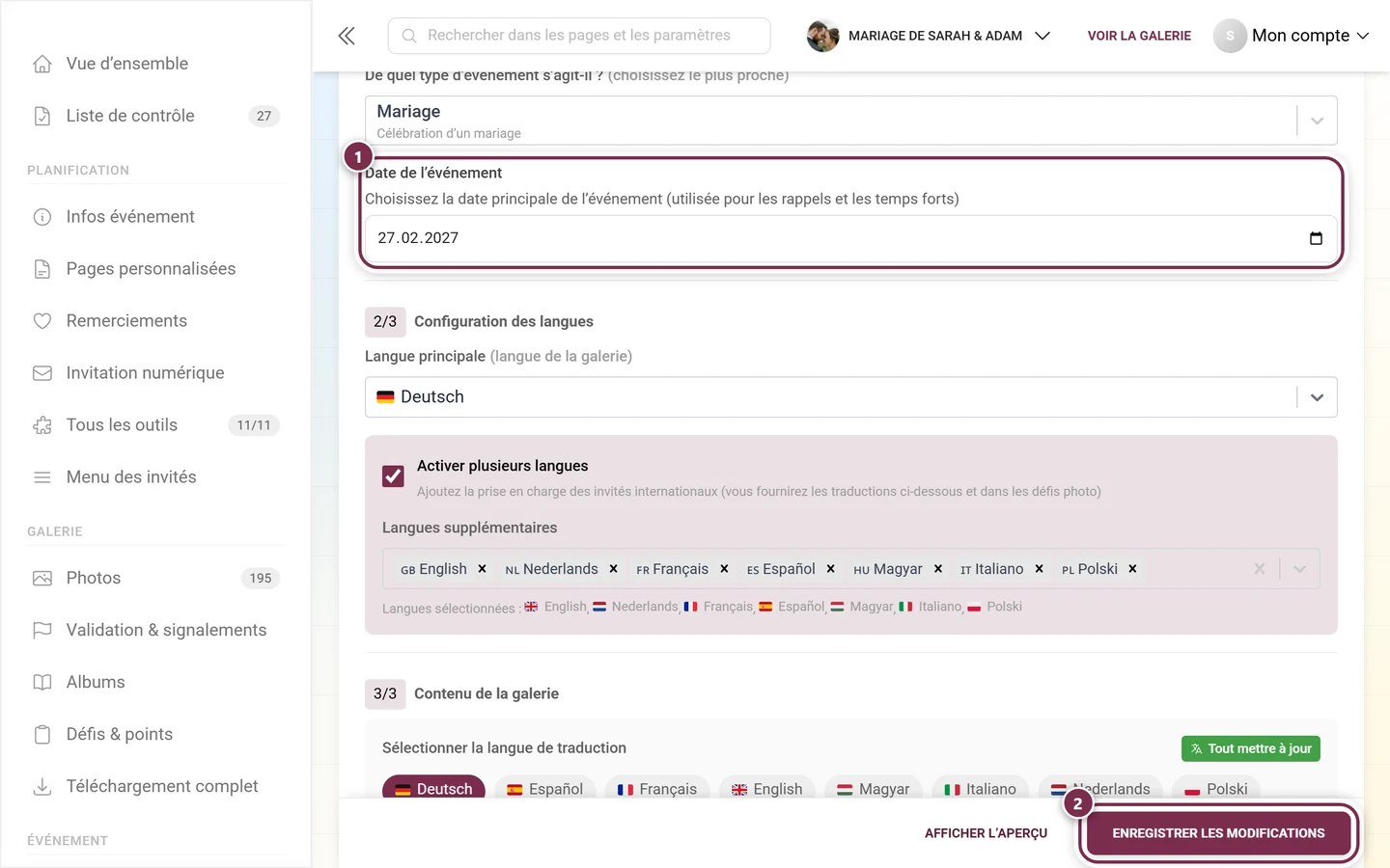 Champ Date de l'événement dans les paramètres généraux avec repère et barre d'enregistrement