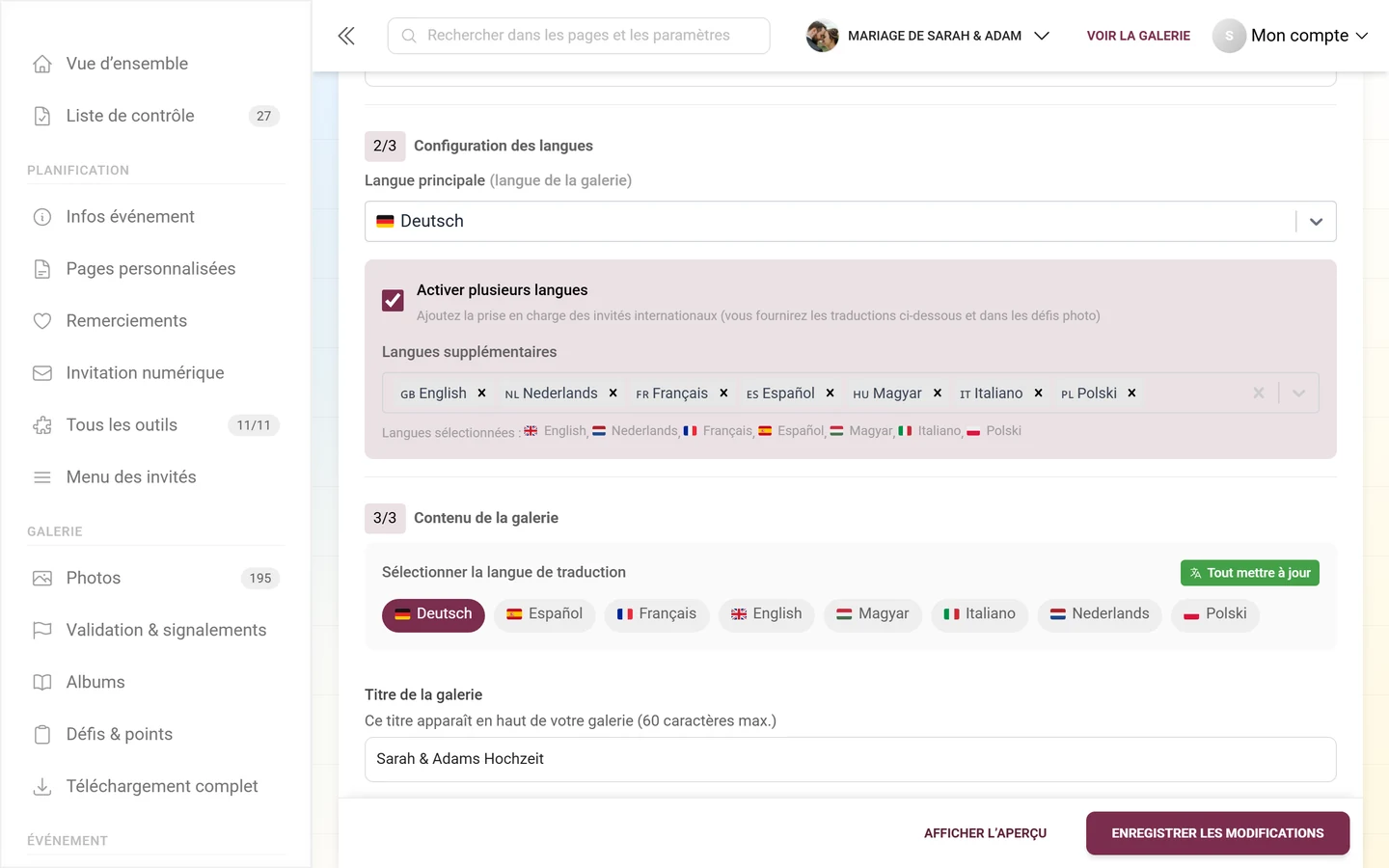 Section 2/3 Configuration des langues avec la langue principale et l'anglais comme langue supplémentaire