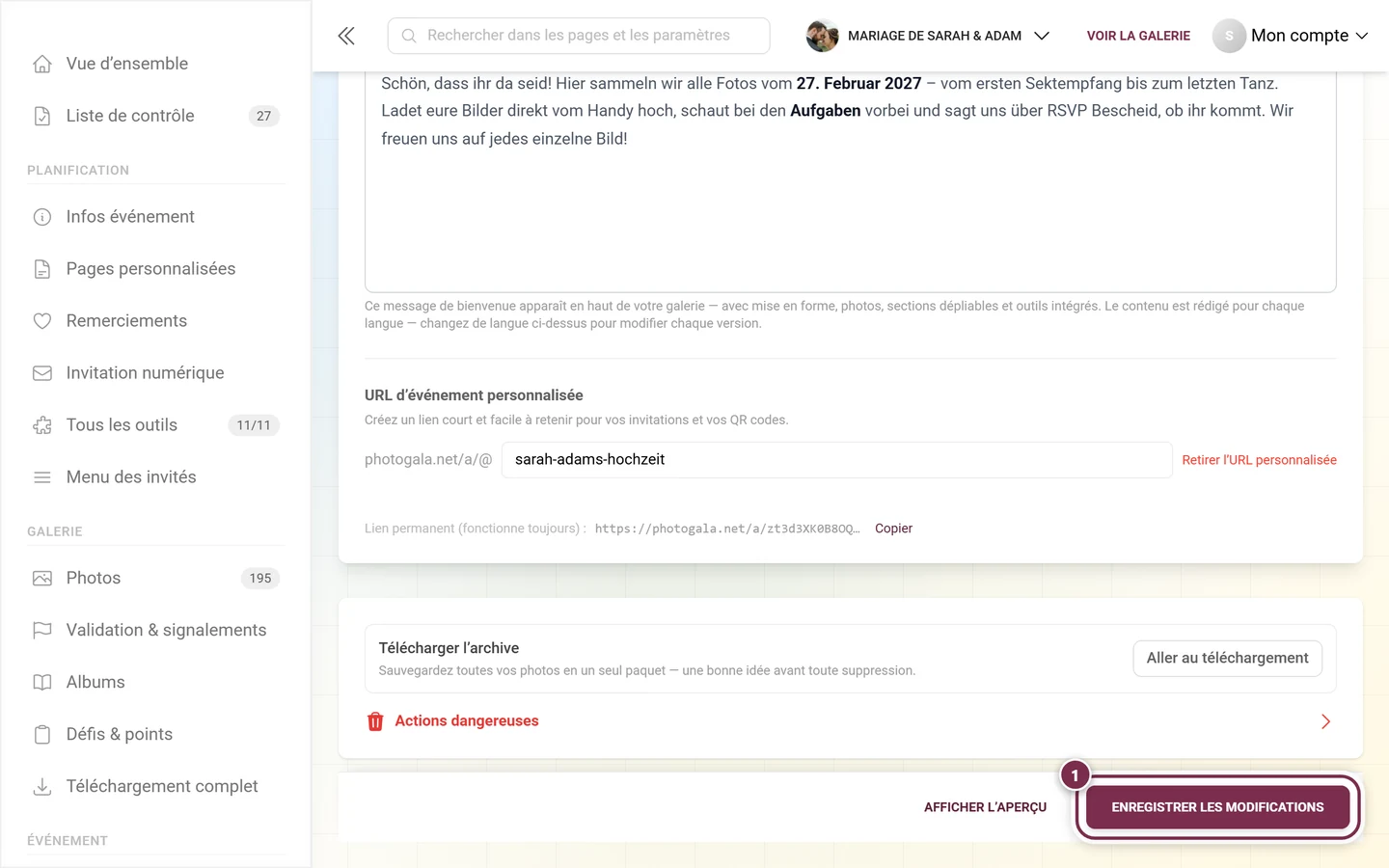 Barre d'enregistrement fixe en bas des paramètres
