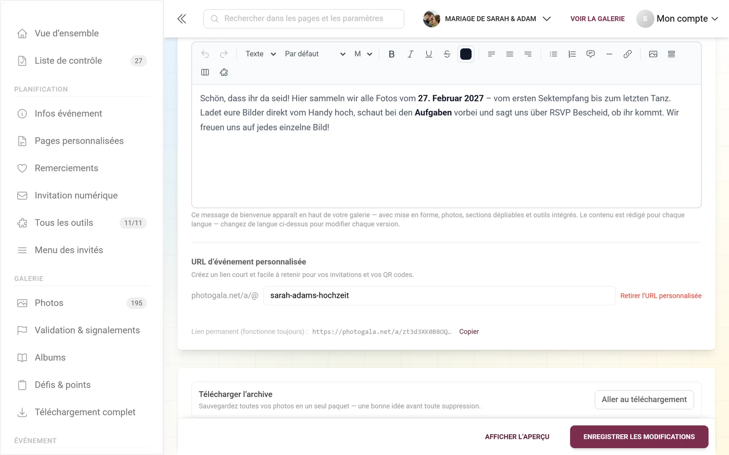 URL d'événement personnalisée avec son champ de saisie et le lien permanent en dessous