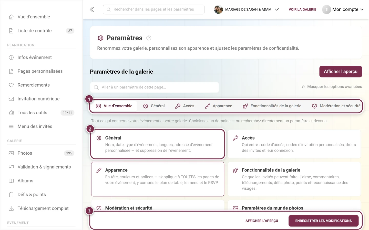 Vignettes de vue d'ensemble des paramètres de la galerie