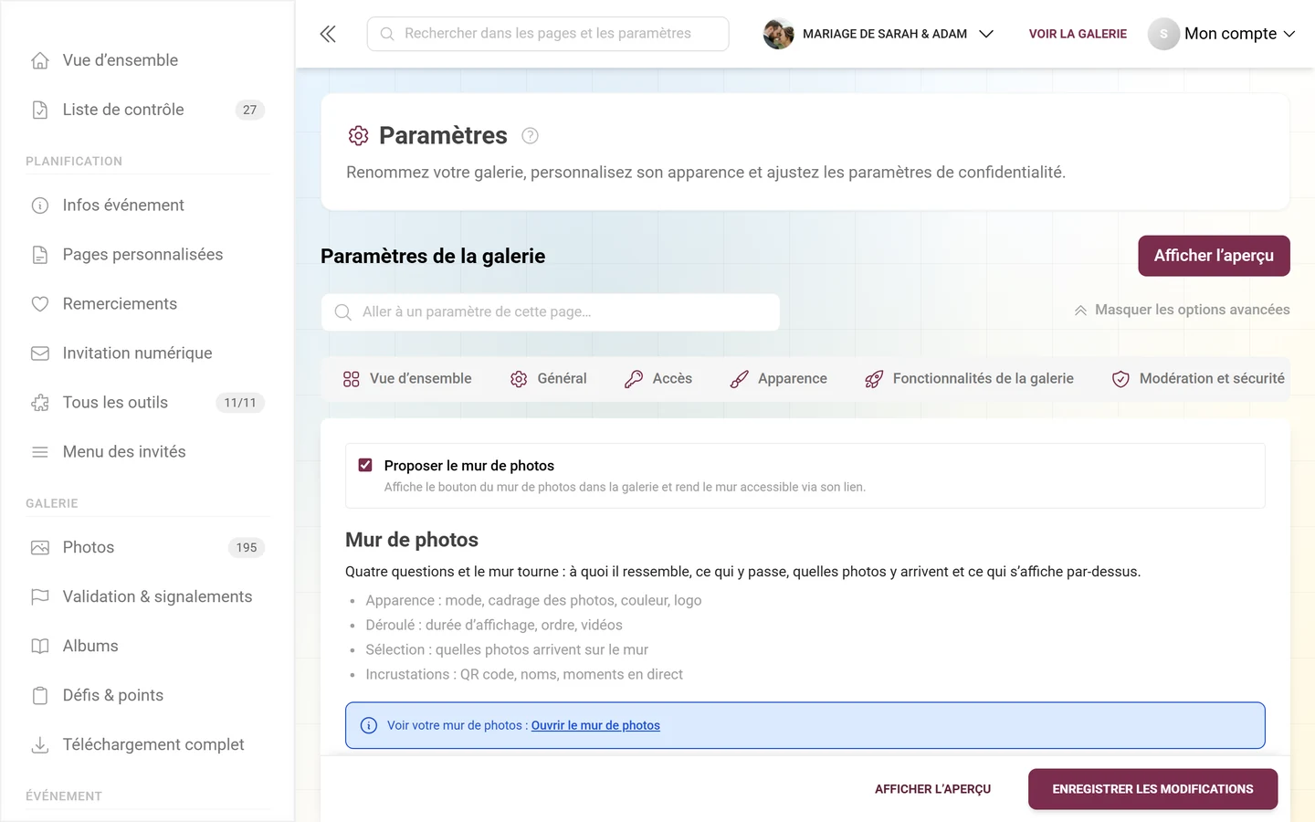 Onglet mur de photos avec l'interrupteur Proposer le mur de photos, le titre Mur de photos et l'aperçu de l'apparence, de la lecture, de la sélection et des incrustations