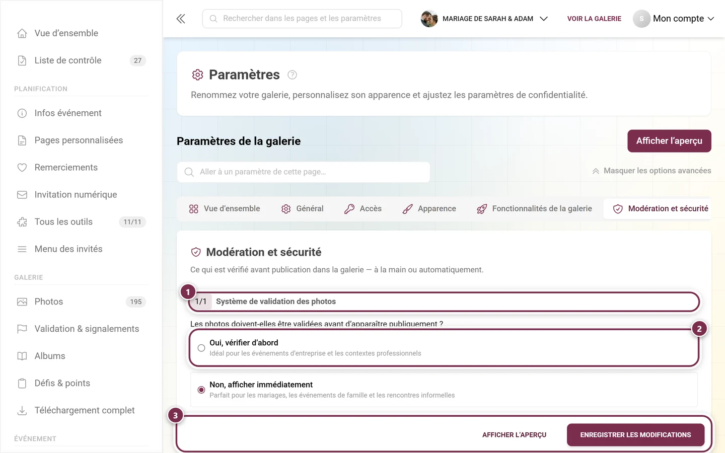 Onglet Modération et sécurité dans l'espace d'administration