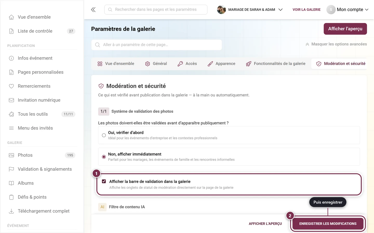 Carte Afficher la barre de validation dans la galerie avec l'interrupteur et la barre d'enregistrement mis en évidence