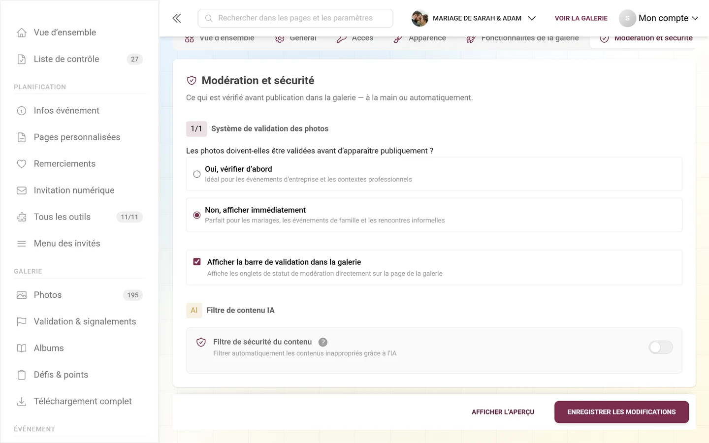 Carte Filtre de sécurité du contenu avec badge IA et interrupteur, au-dessus le système de validation des photos et la barre de validation