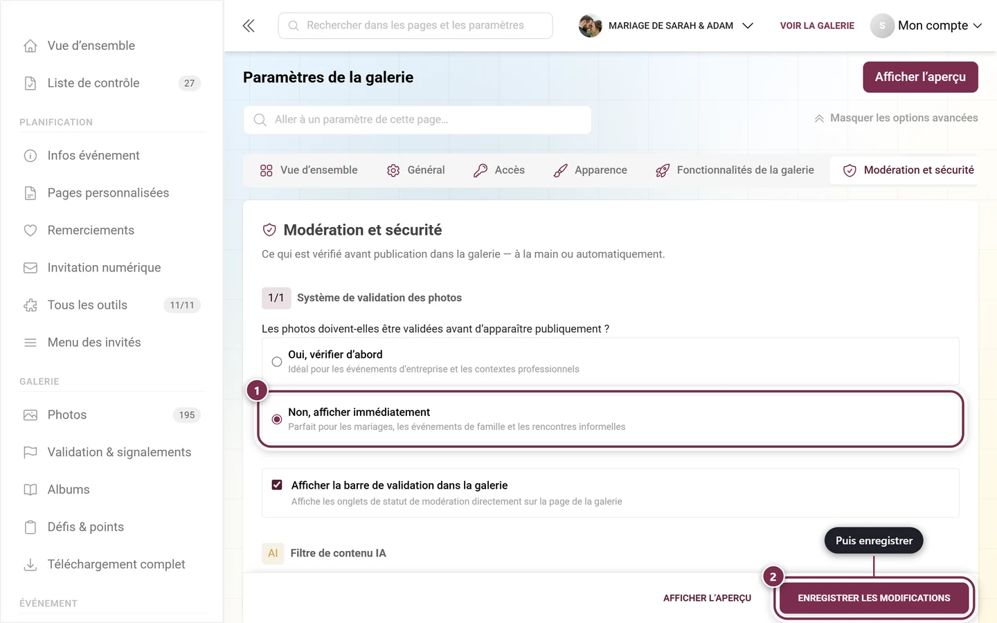 Paramètres, onglet Modération et sécurité, avec la question sur la validation des photos et la barre d'enregistrement