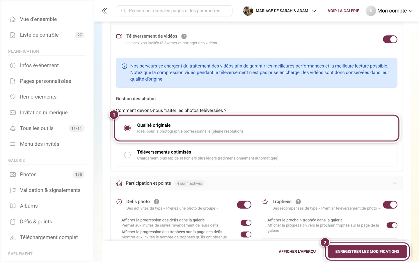 Gestion des photos avec l'option Qualité originale mise en évidence et la barre d'enregistrement mise en évidence