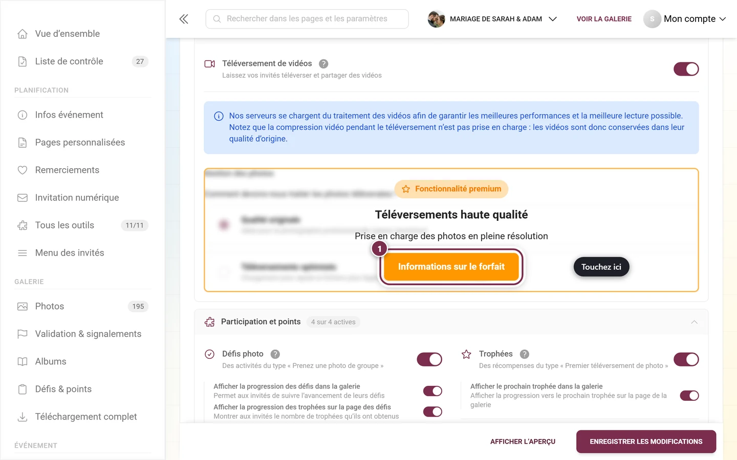 Bloc Gestion des photos recouvert d'une mention orange d'upgrade, le bouton mis en évidence
