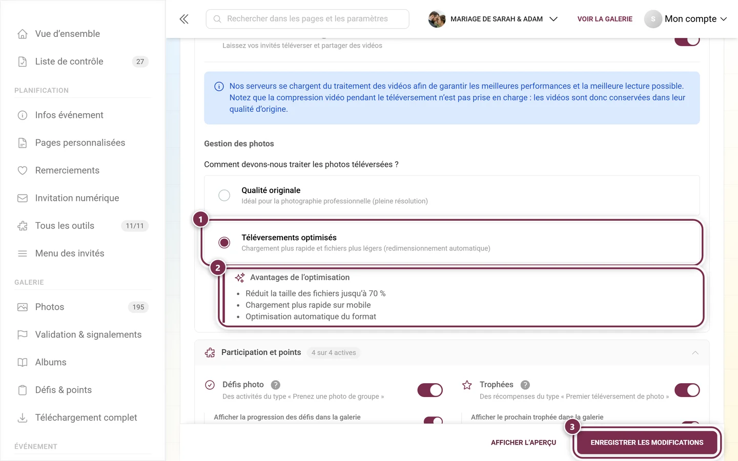 Téléversements optimisés sélectionné, l'encadré Avantages de l'optimisation affiché en dessous, la barre d'enregistrement en bas