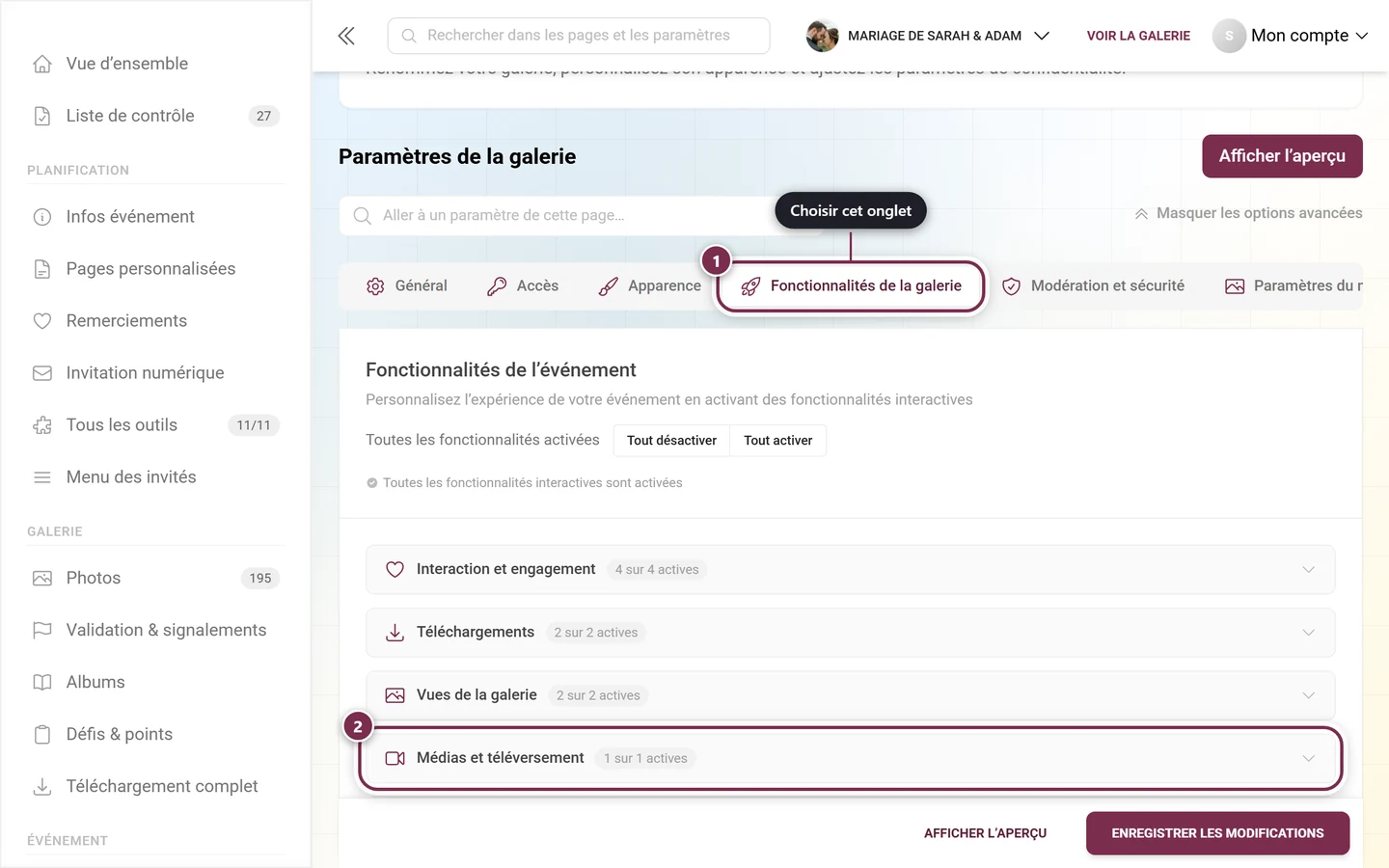 Onglet Fonctionnalités de la galerie mis en évidence, en dessous la section Médias et téléversement mise en évidence