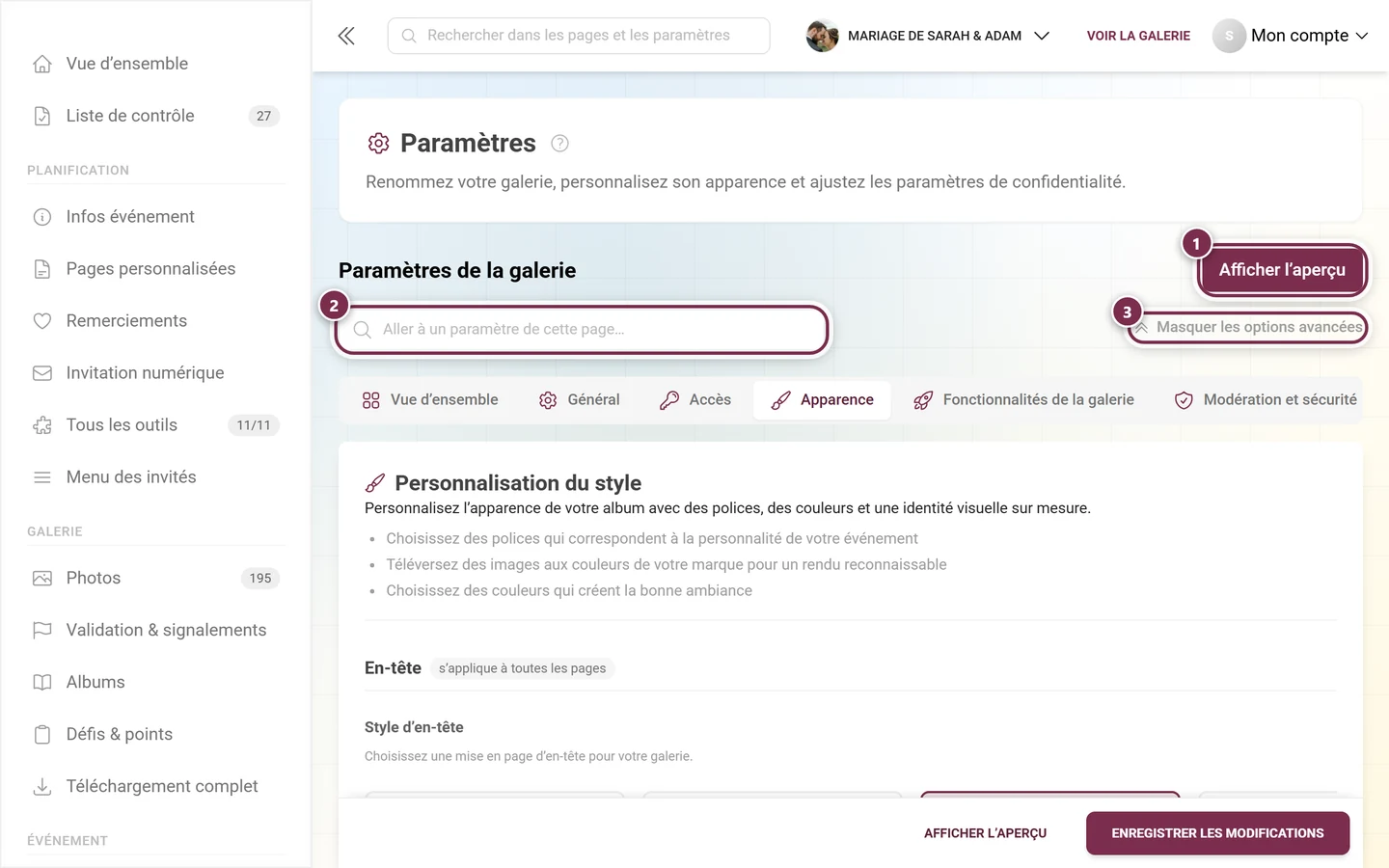 Paramètres d'apparence avec logo, couleurs et image de couverture