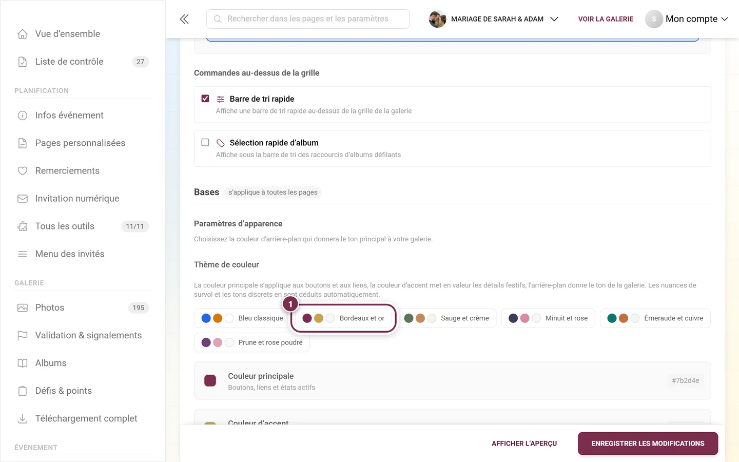 Palettes de couleurs dans le bloc apparence avec Bordeaux et or mis en évidence