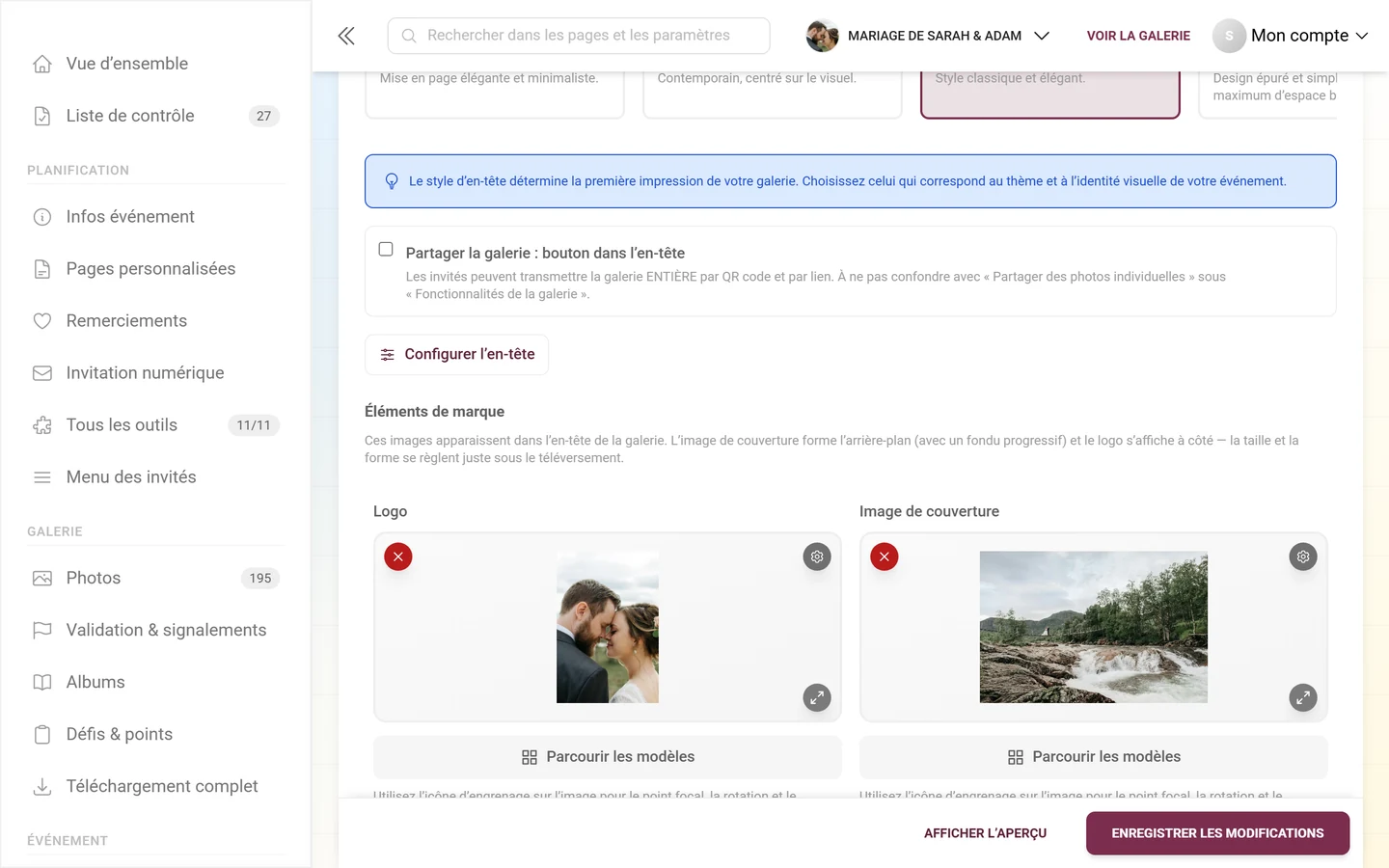 Case Partager la galerie, bouton Configurer l'en-tête et les champs de téléversement Logo et Image de couverture vides