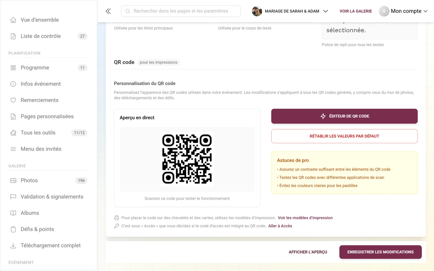 Bloc Personnalisation du QR code avec aperçu en direct, bouton Concepteur de QR code et astuces pro