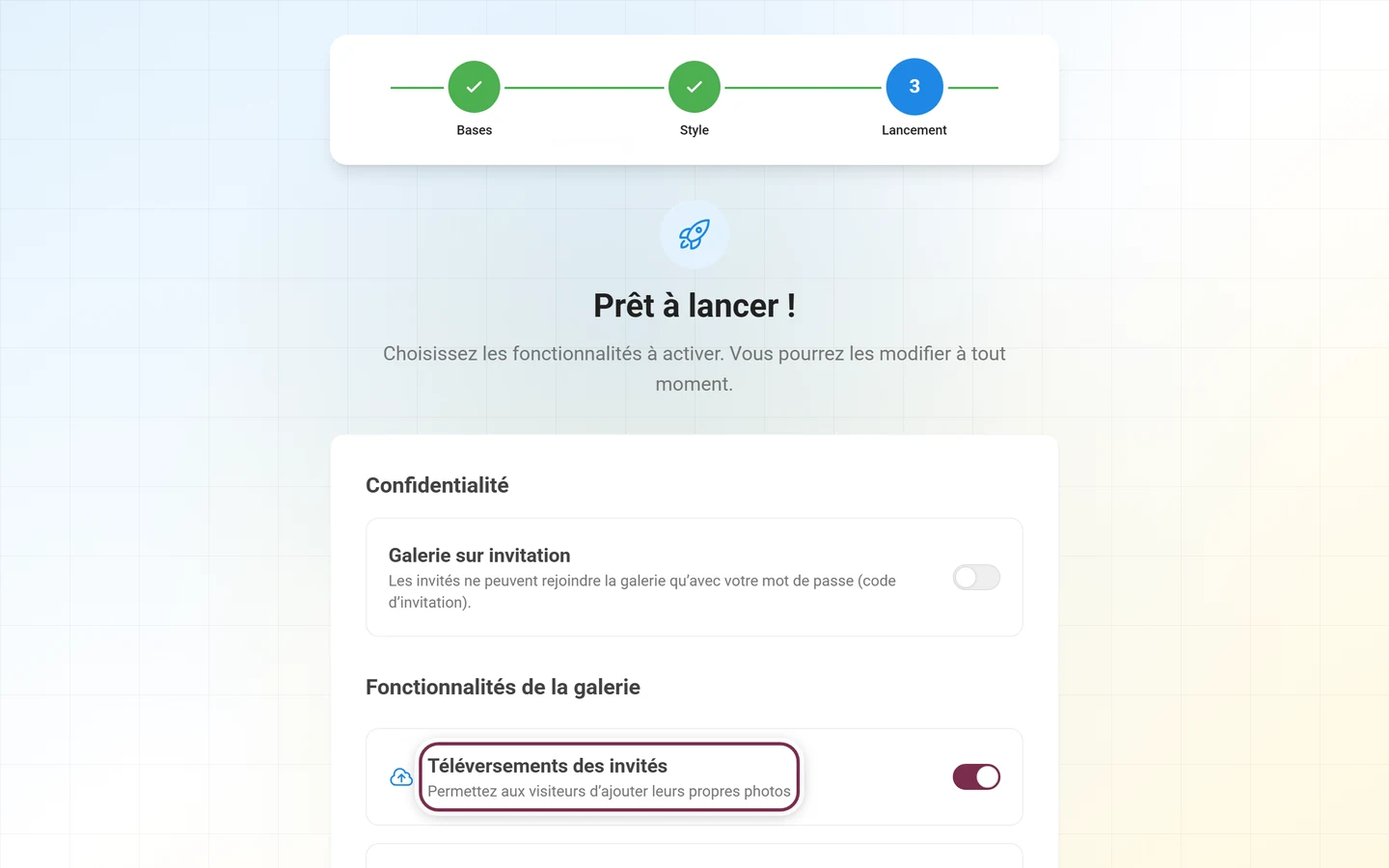 Étape de l'assistant Prêt à lancer avec la liste des commutateurs sous Fonctionnalités de la galerie