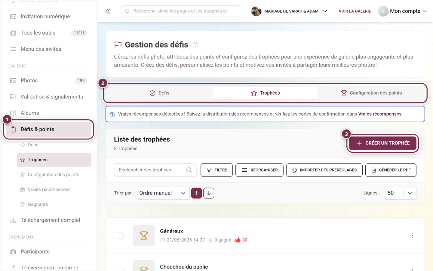 Barre latérale avec l'entrée Défis et points dépliée