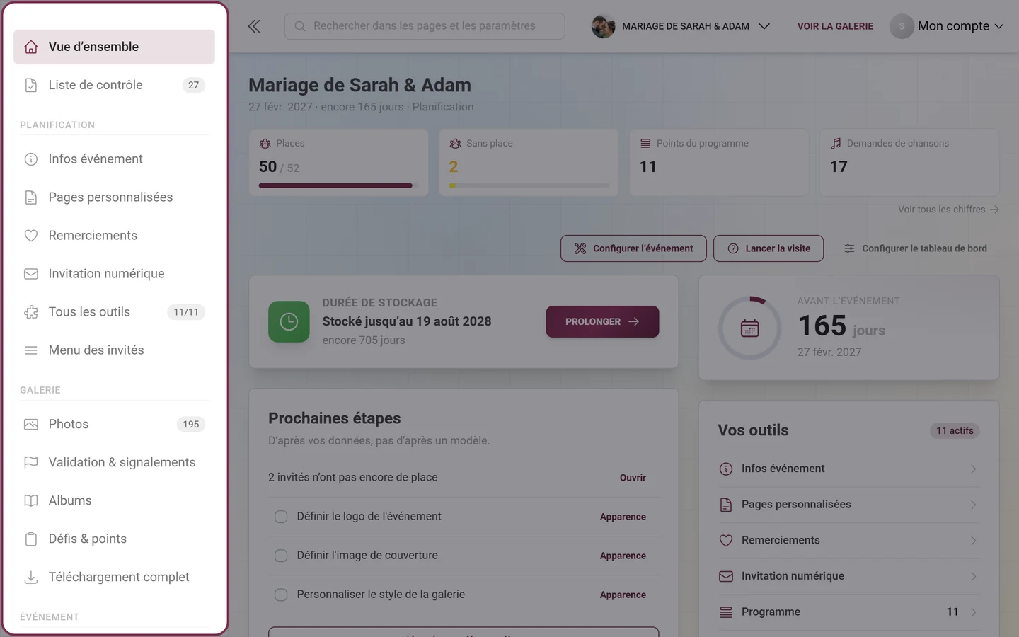 Barre latérale de l'administration avec le groupe Planification, les outils actifs et l'entrée Tous les outils