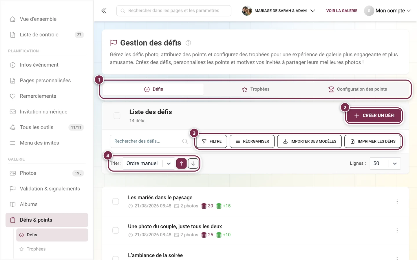 Gestion des défis avec la barre d'onglets, le bouton de création, la barre d'outils et le tri mis en évidence