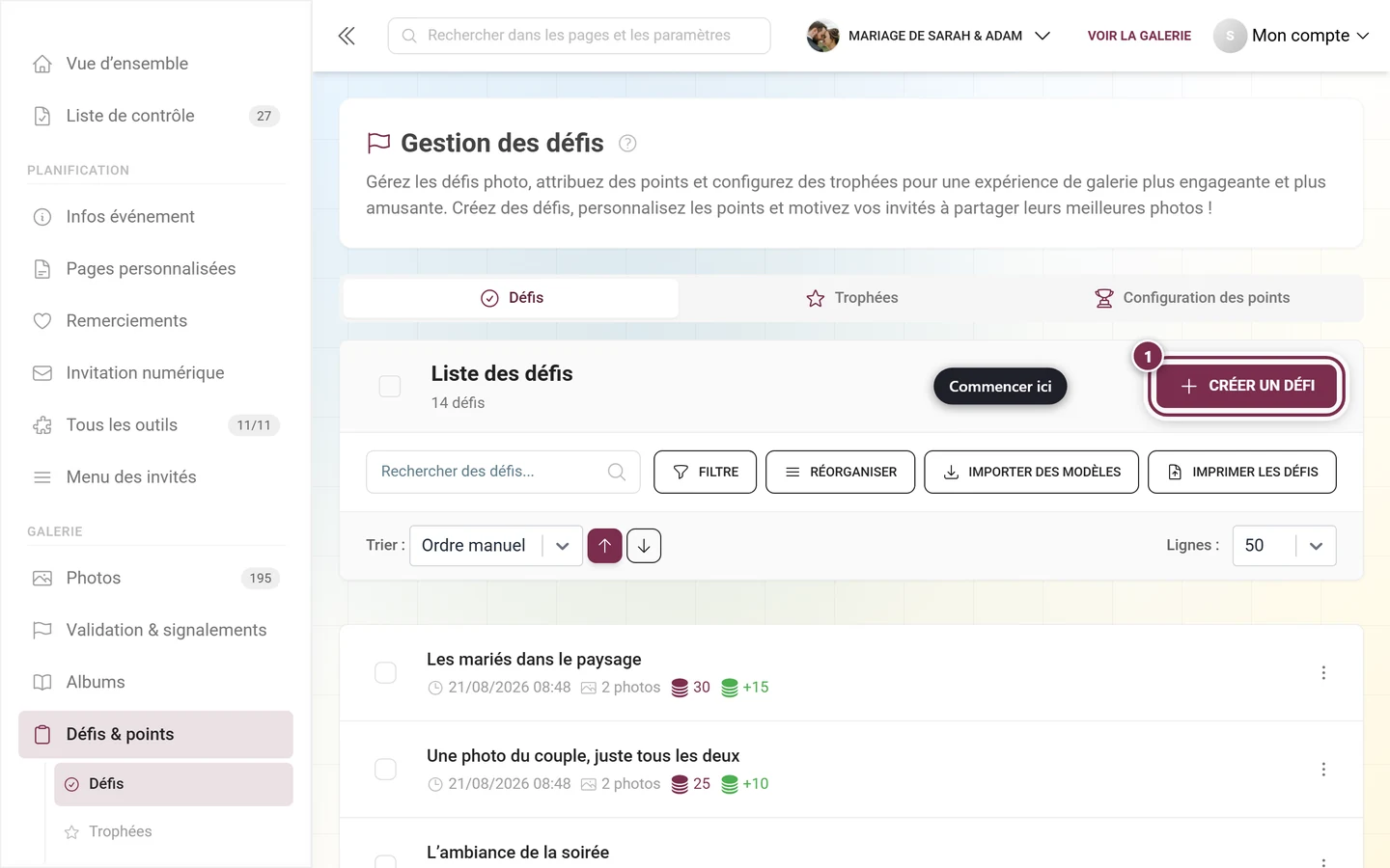 Gestion des défis avec le bouton Créer un défi mis en évidence en rouge en haut à droite au-dessus de la barre d'outils