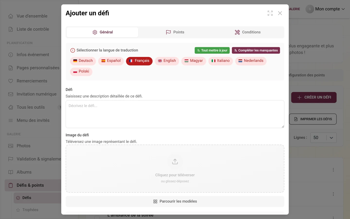 Éditeur de défi avec les champs pour le défi, l'image de référence, les points et le tri