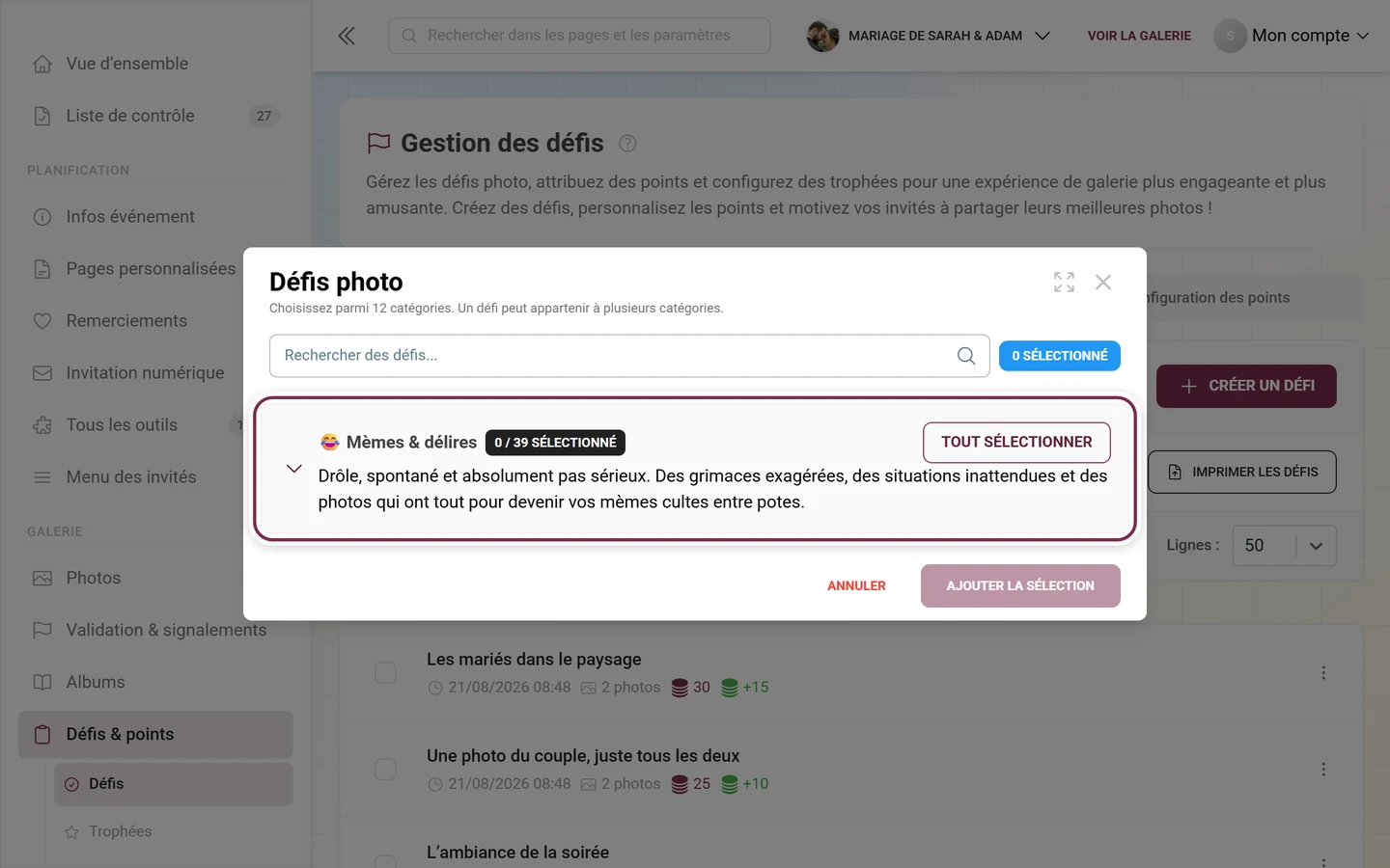 Boîte de dialogue Défis photo avec le champ de recherche et la première ligne de catégorie mise en évidence en rouge
