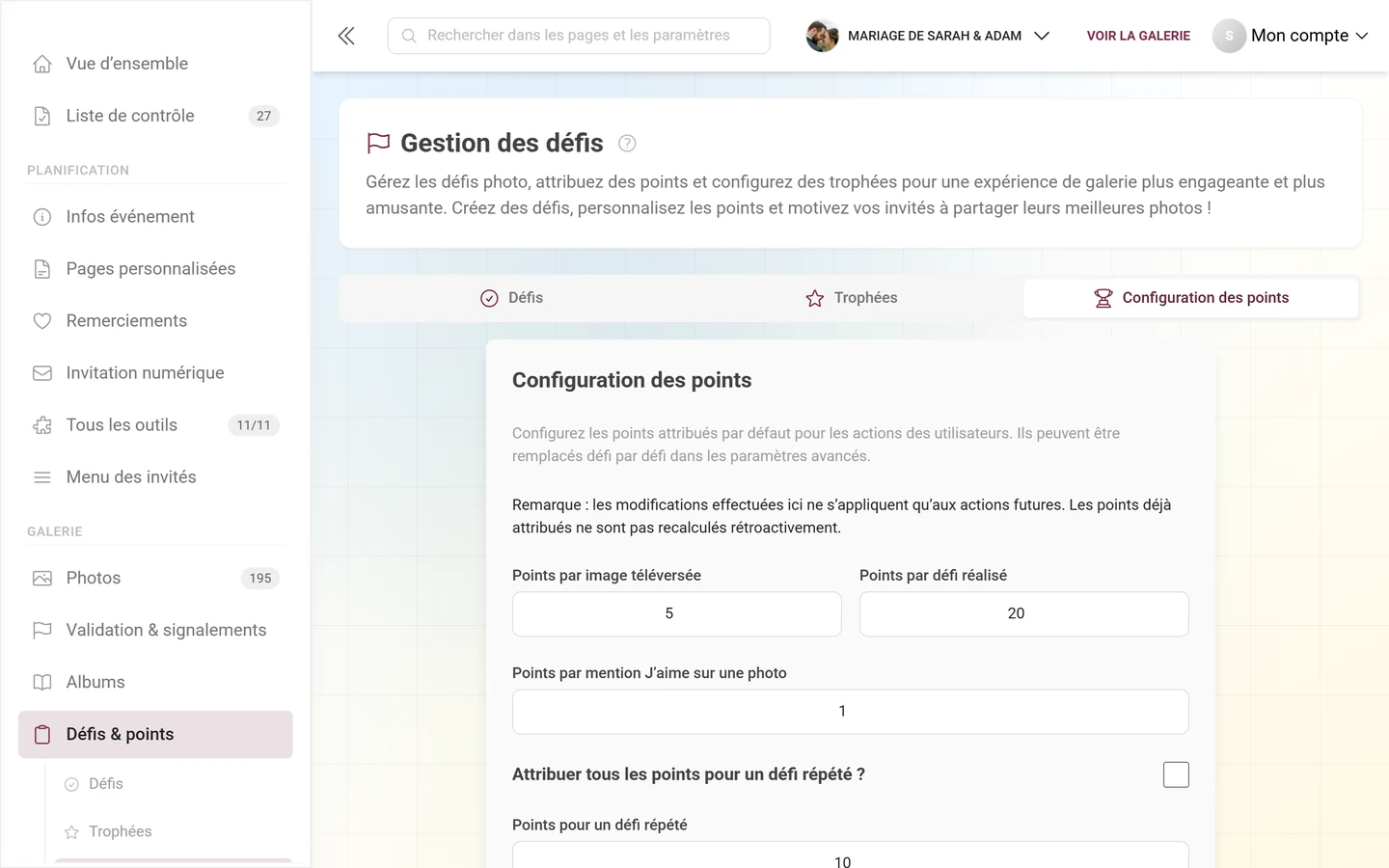Onglet Configuration des points avec les valeurs de points par action