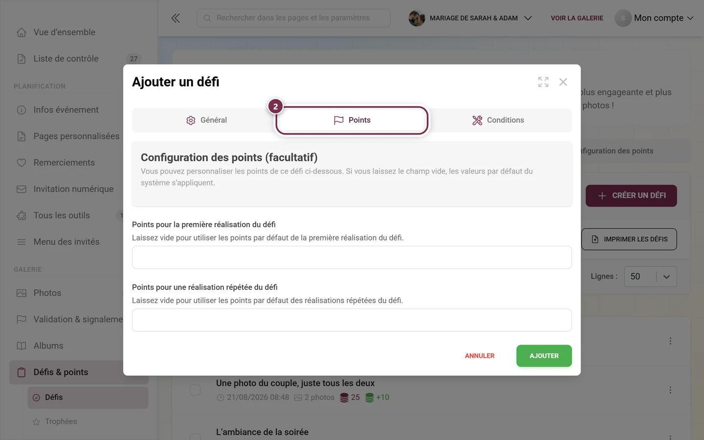 Éditeur de défi avec l'onglet Points mis en évidence en rouge et les deux champs de points en dessous