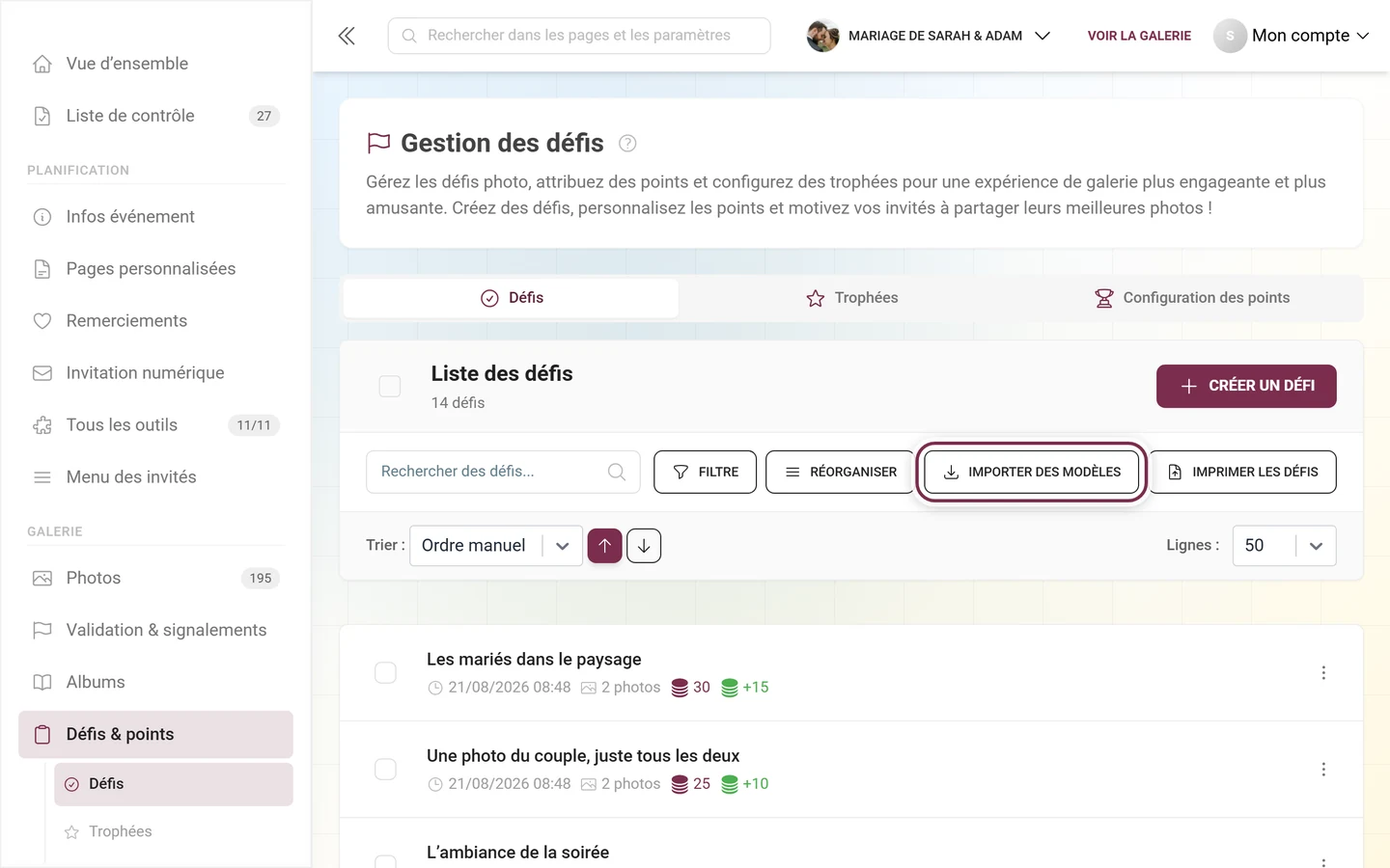Barre d'outils de la gestion des défis avec le bouton Importer des modèles mis en évidence en rouge