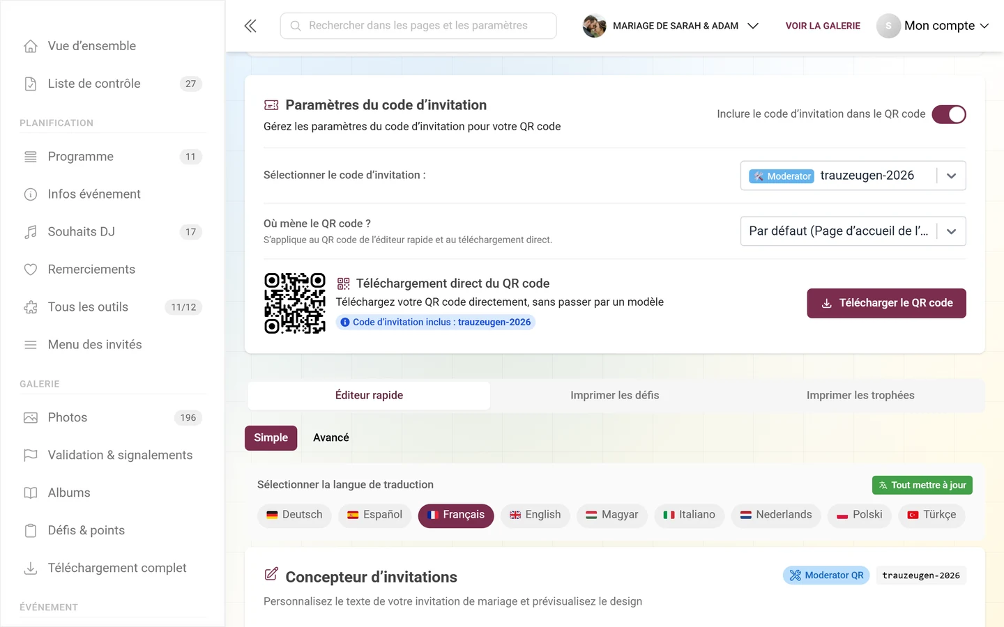 Carte Paramètres du code d'invitation avec son interrupteur, la cible du QR et le téléchargement direct