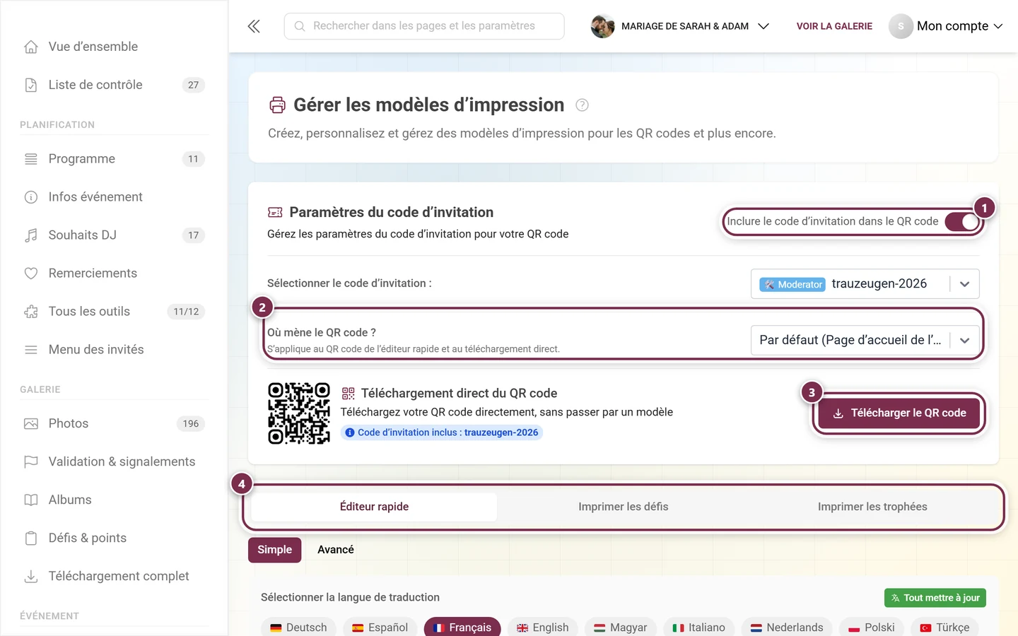 Page Modèles d'impression avec le sélecteur de code d'invitation, la destination QR, le bouton de téléchargement et les onglets mis en évidence