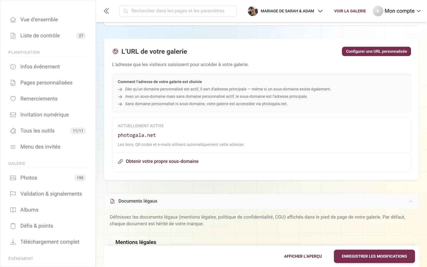 Section L'URL de votre galerie avec l'adresse actuelle