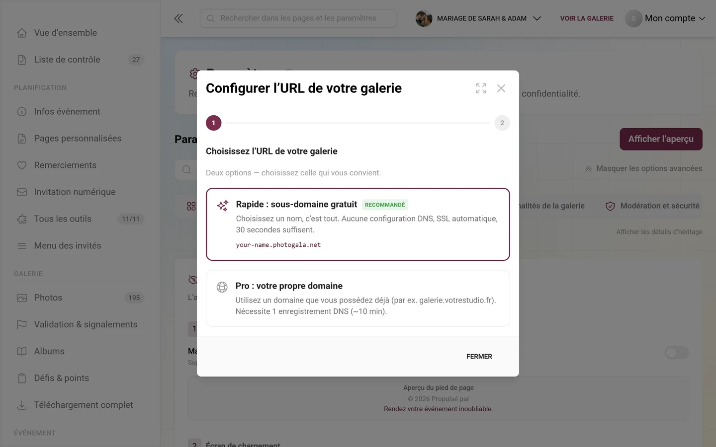 Assistant de configuration d'une URL de galerie personnalisée
