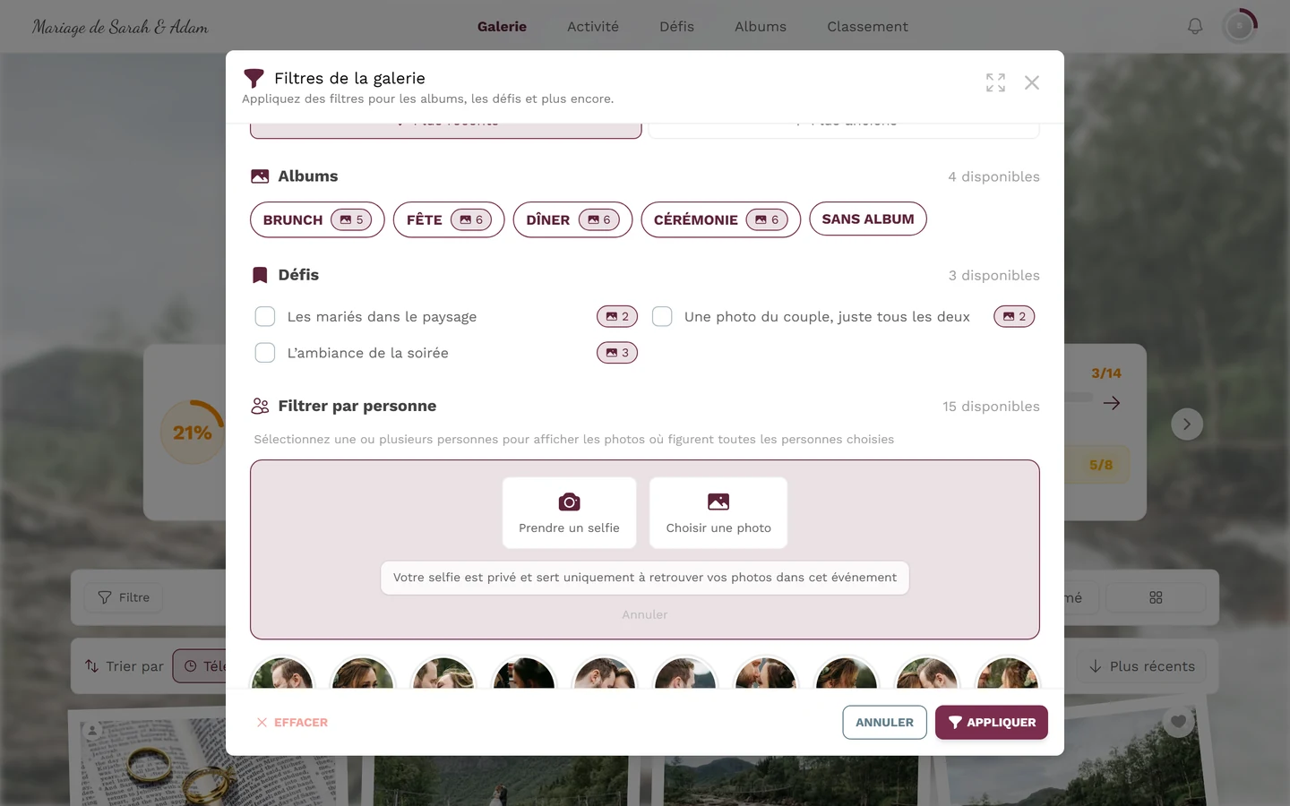 Choix de la source pour Me retrouver avec les boutons Prendre un selfie et Choisir une photo, ainsi que la mention de confidentialité