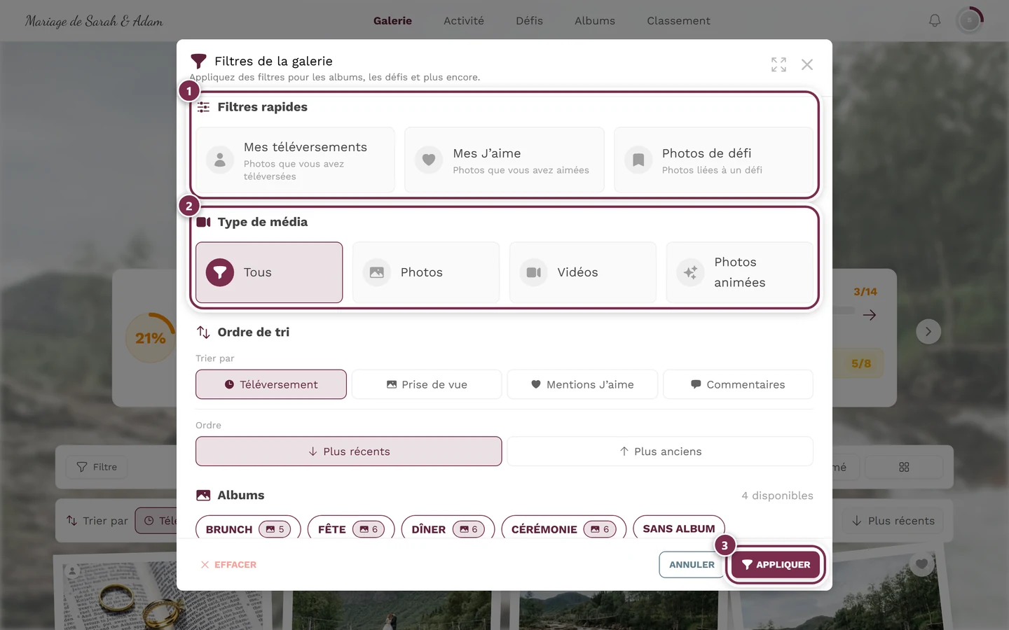Panneau de filtres avec les sections Filtres rapides, Type de média, Ordre de tri et Albums