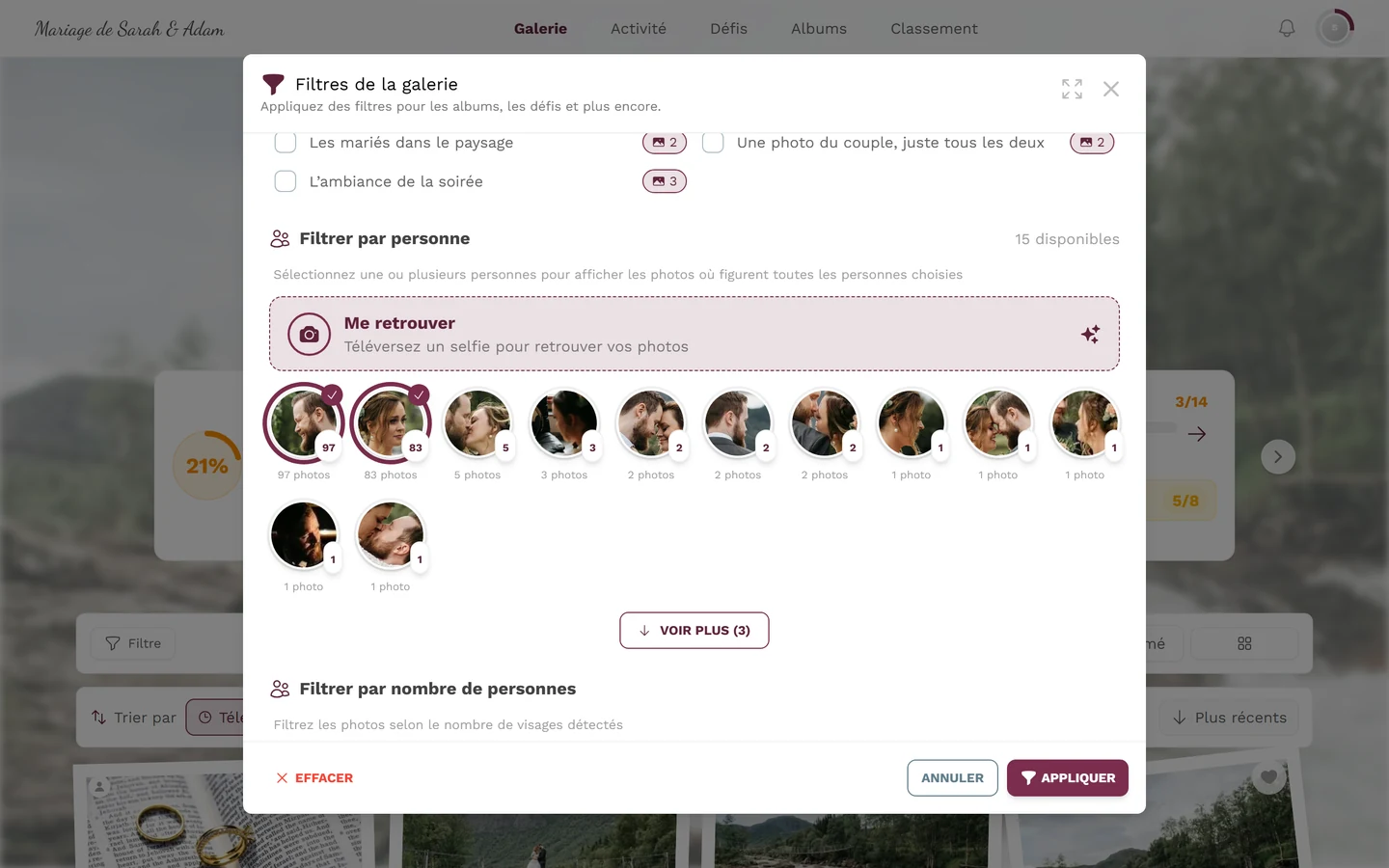 Vignettes de personnes dans le filtre de la galerie, deux d'entre elles sélectionnées avec anneau et case à cocher