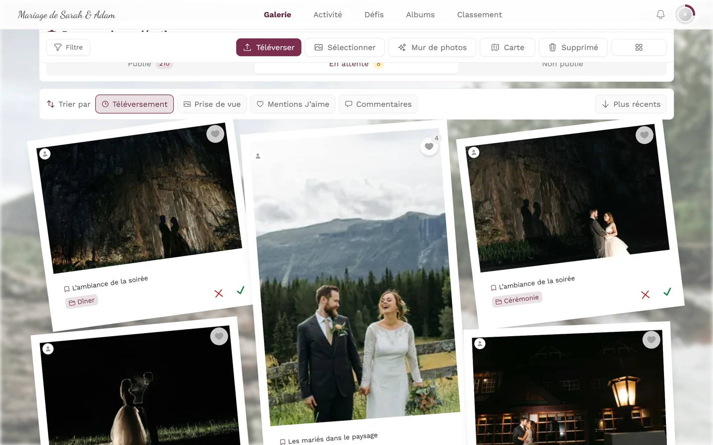 Galerie en mise en page Polaroid avec la barre d'onglets Publié, En attente et Non publié, ainsi qu'une croix rouge et une coche verte sur les vignettes