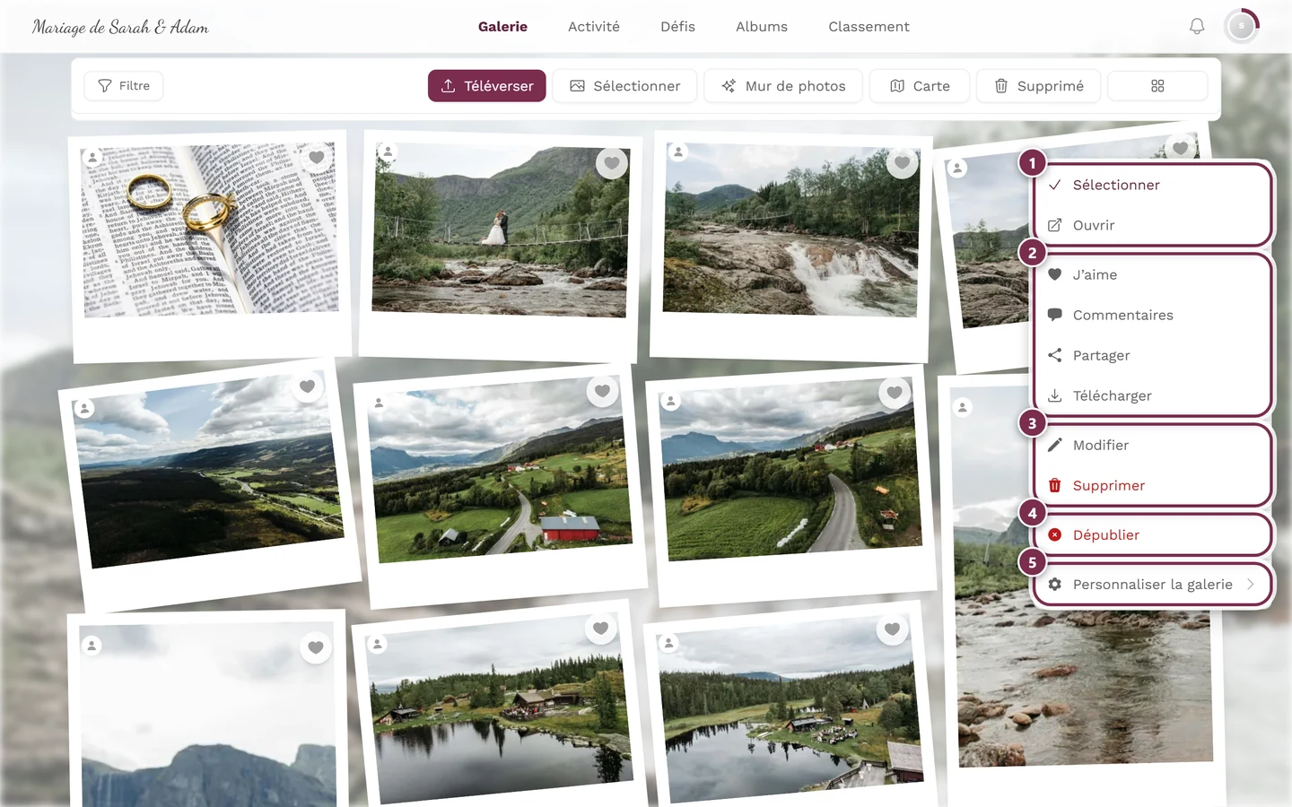 Menu contextuel sur une vignette photo avec des actions telles que Partager et Télécharger