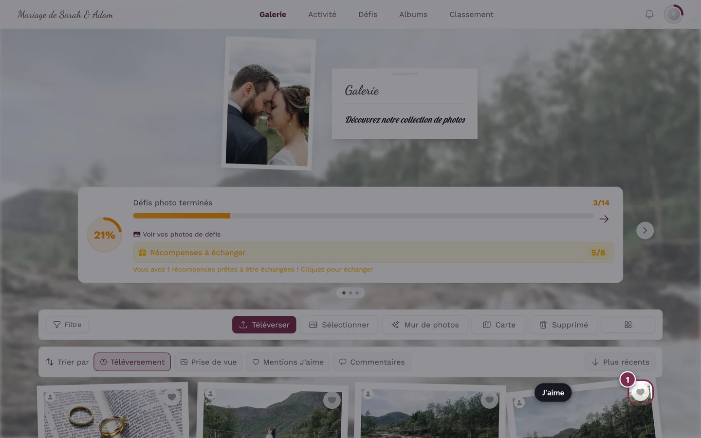 Icône cœur sur une vignette de photo mise en évidence