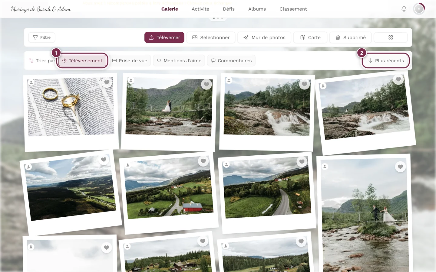 Barre de tri au-dessus des photos, critère de tri et bouton d'ordre mis en évidence