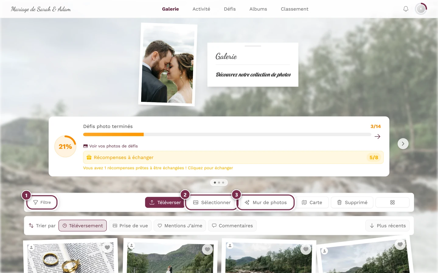 Barre d'outils de la galerie avec trois boutons mis en évidence : Filtre, Sélectionner et Mur de photos