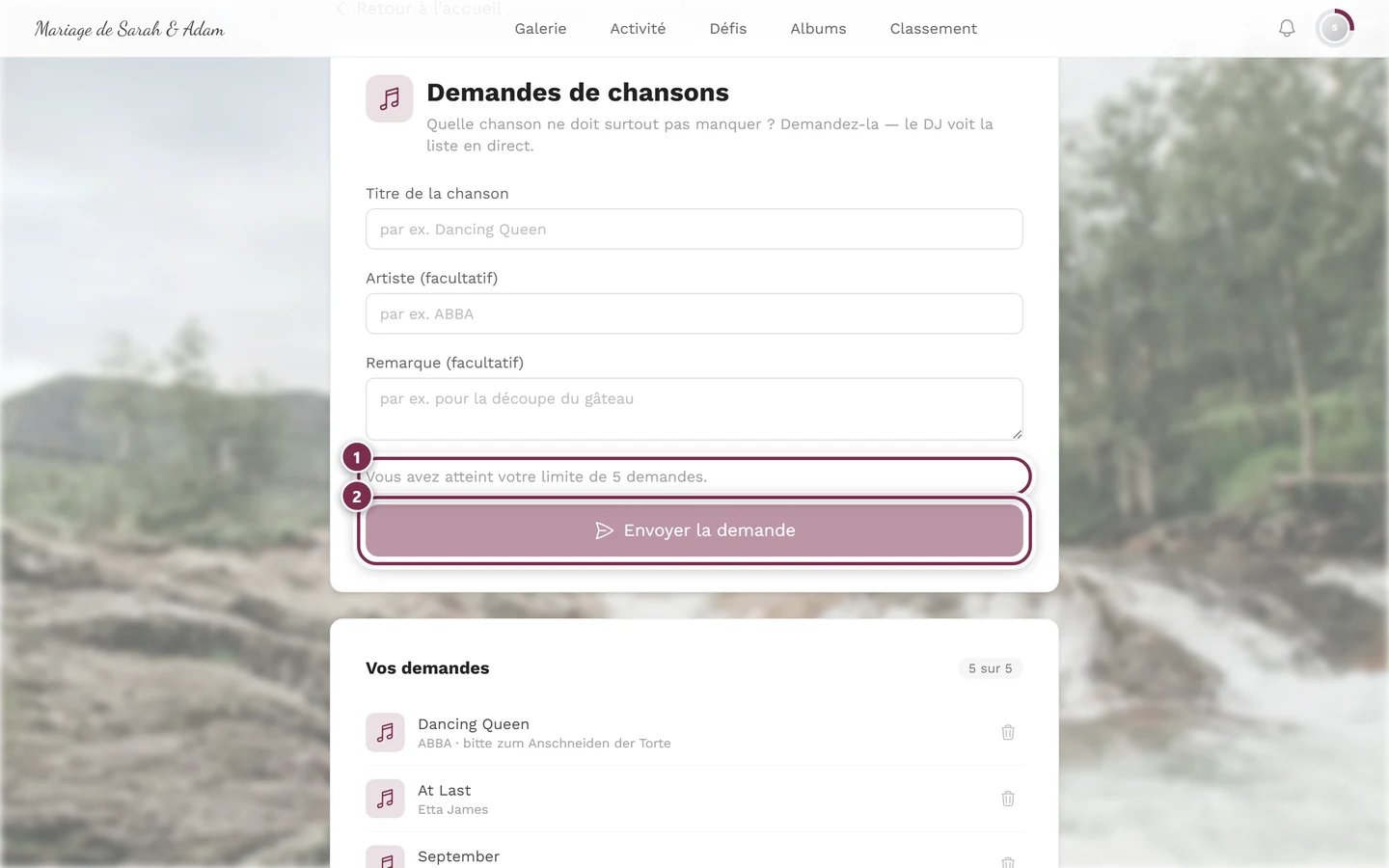 Formulaire avec un bouton grisé et l'indication Vous avez atteint votre limite de 5 demandes