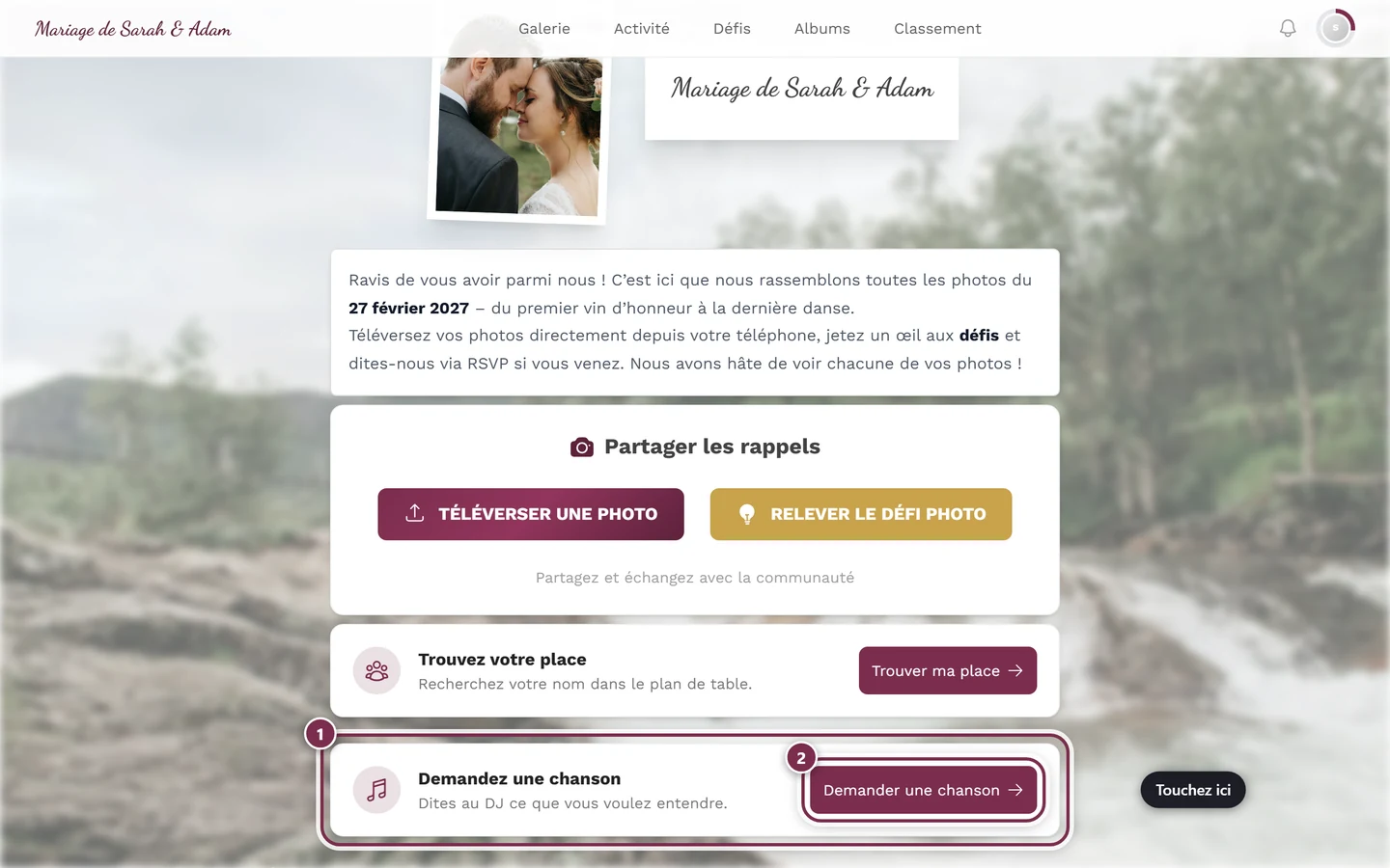 Page d'accueil de l'événement avec la carte Demandez une chanson et le bouton Demander une chanson