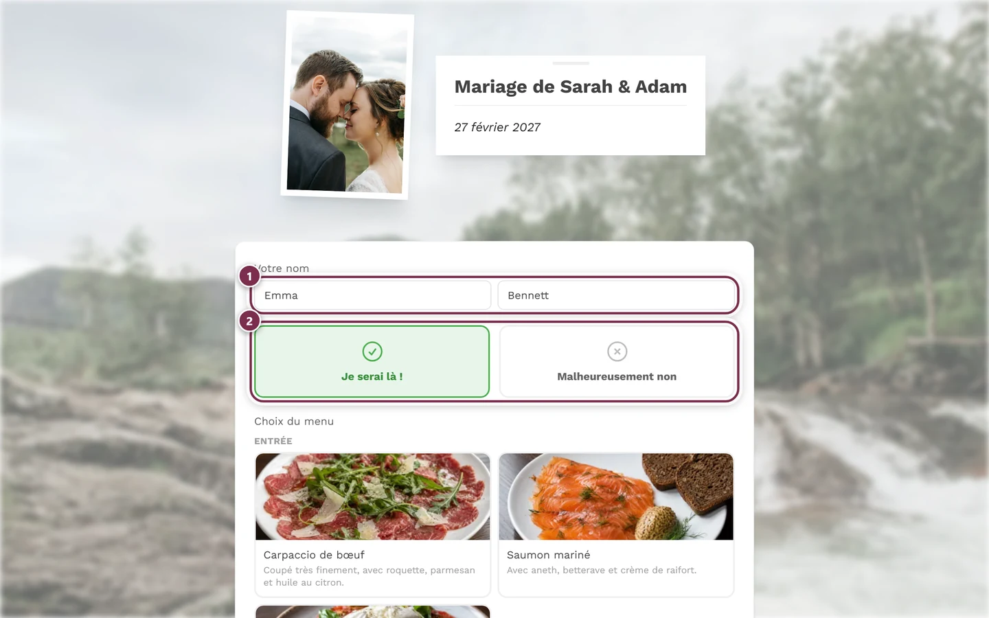 Vue classique sans assistant avec les champs de nom, les cartes d'acceptation et le menu en dessous