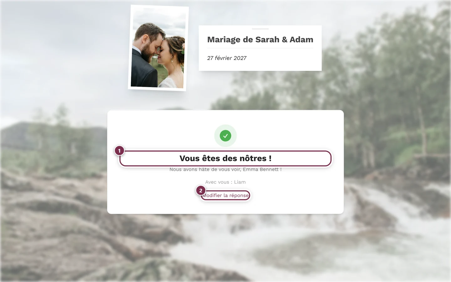 Page de confirmation avec le titre Vous êtes des nôtres et le bouton Modifier la réponse