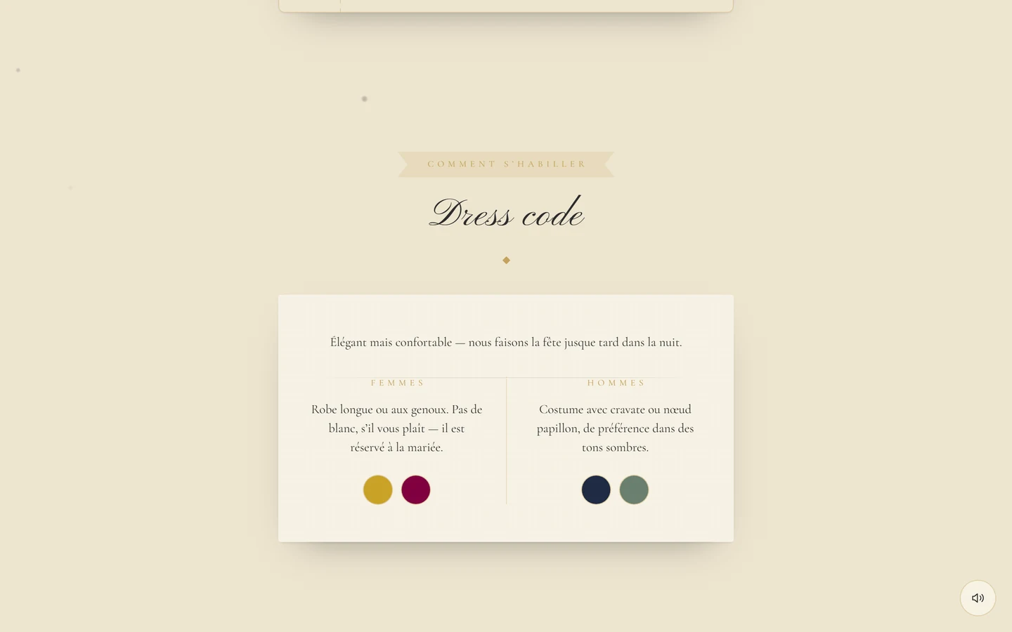 Section Code vestimentaire avec les groupes Femmes et Hommes et deux pastilles de couleur chacun