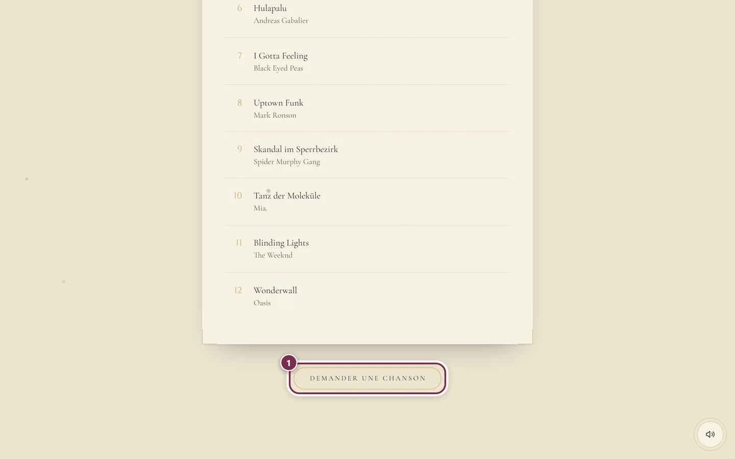 Section Notre playlist dans l'invitation avec une liste de chansons numérotée et le bouton Demander une chanson