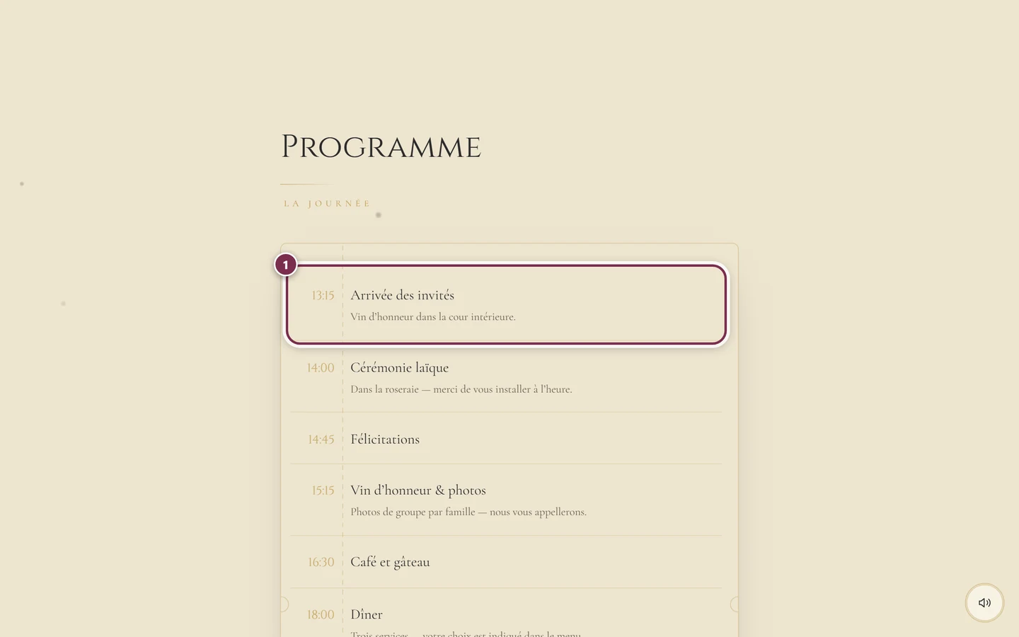 Section Programme avec une frise chronologique et un cercle autour du premier point