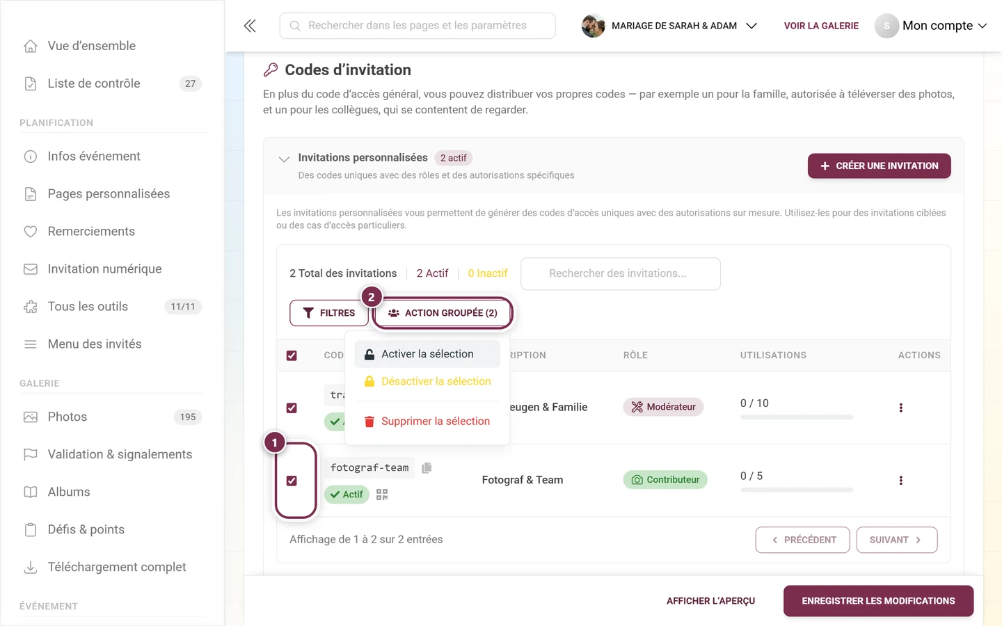 Deux lignes sélectionnées et le menu Action groupée ouvert avec trois entrées