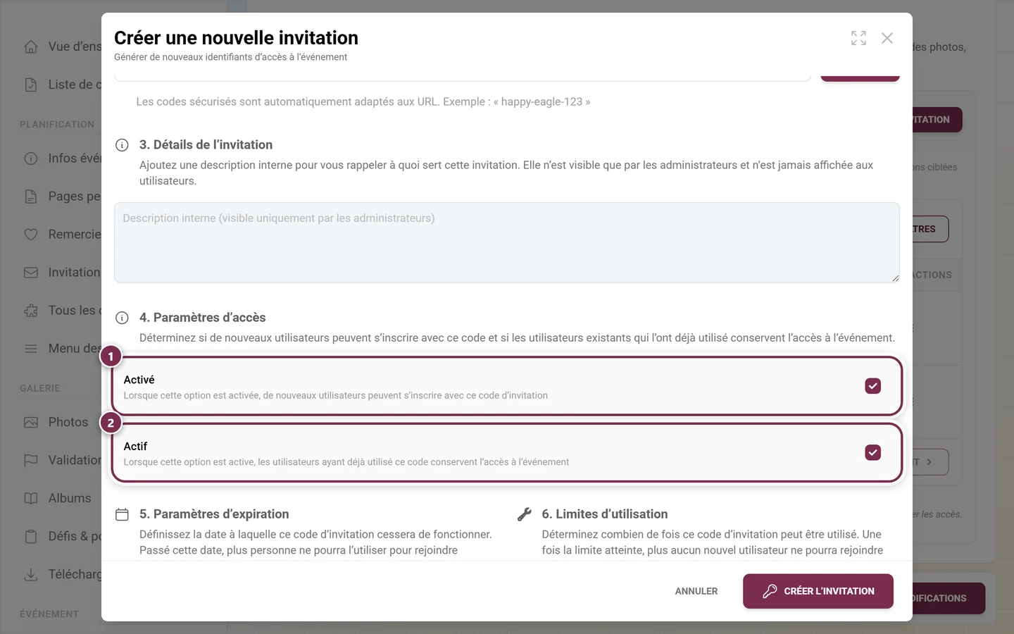 Section 4 du dialogue avec les deux cases Activé et Actif